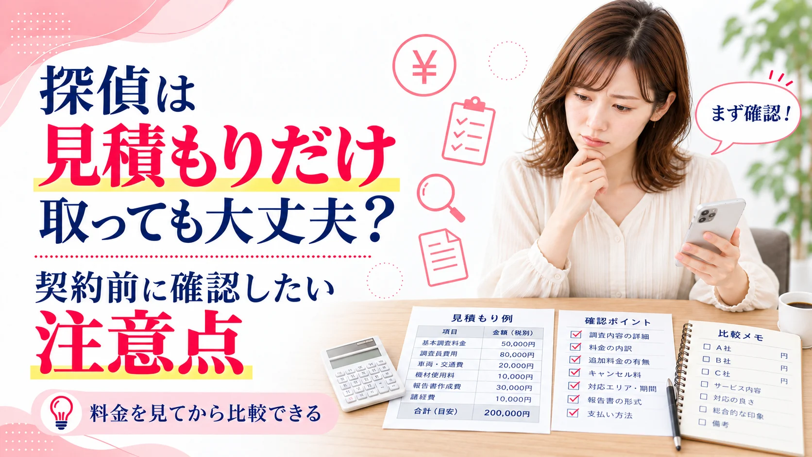 探偵の見積もり内容と料金を確認しながら比較を検討する女性